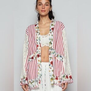 POL Lace Long Sleeve Striped Cardigan with Floral Patchwork Detail in Red